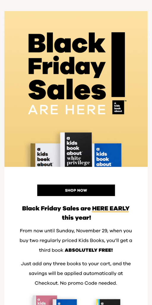 email from a kids book about promotes the Black Friday sale on Shopify