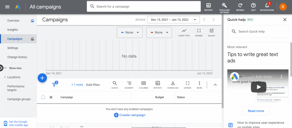 Dashboard to create Google ads campaigns
