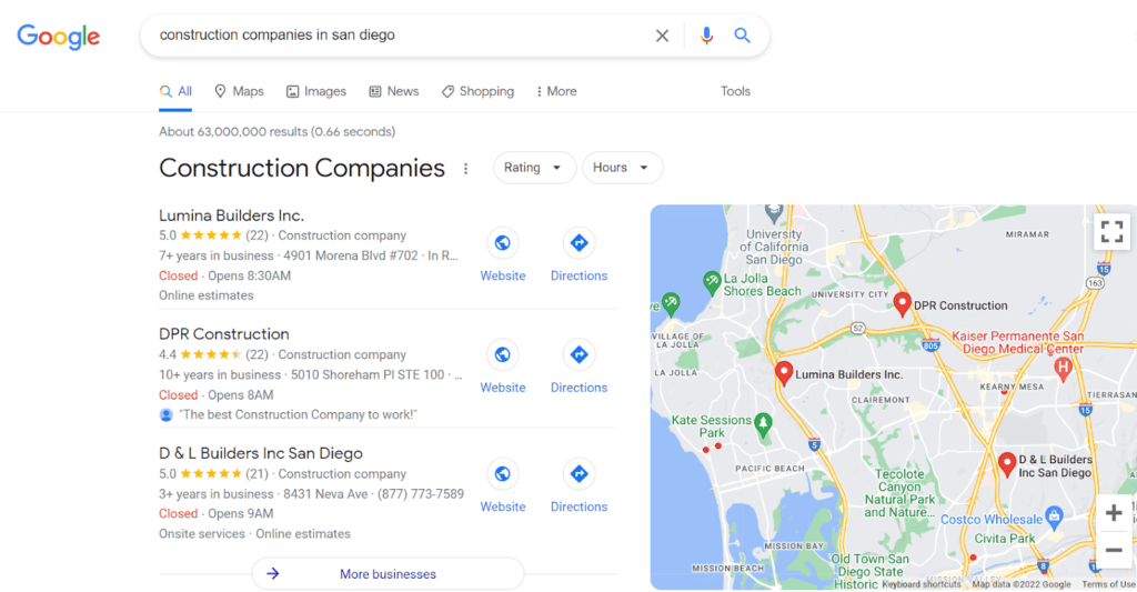 Google business listing based on location search