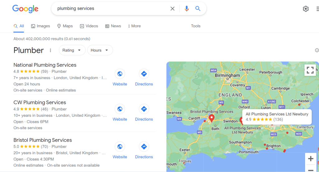 Search engine results page for Plumbing business