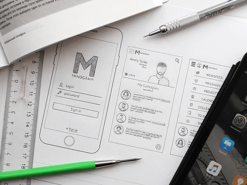 Example of a detailed hand drawn website wireframe