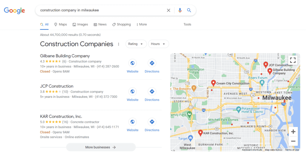 SERP result for a construction company search query